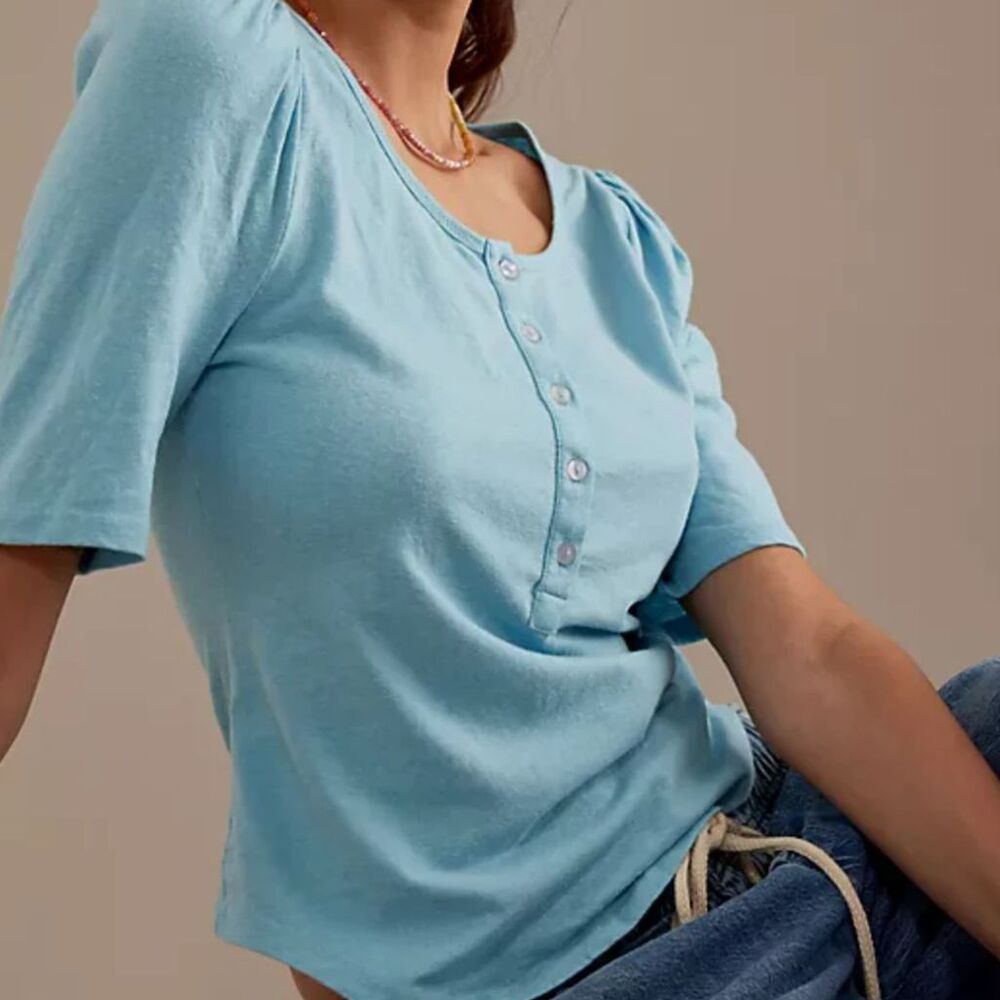Anthropologie Puff Sleeve Henley Tee Top Large Summer Coastal Lagenlook